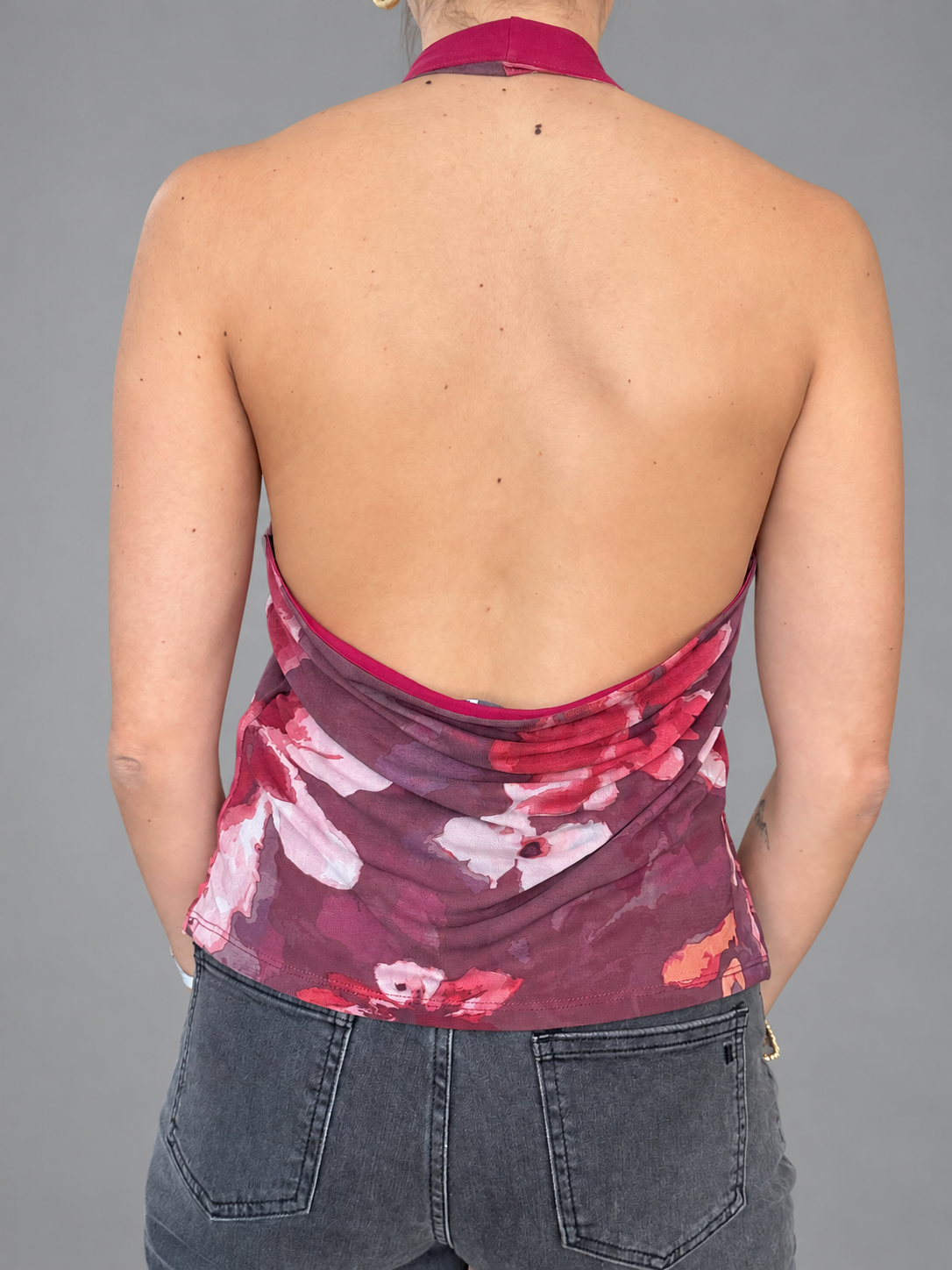 Polera SYBILLA multicolor Burdeo Rosado Morado talla M - detras
