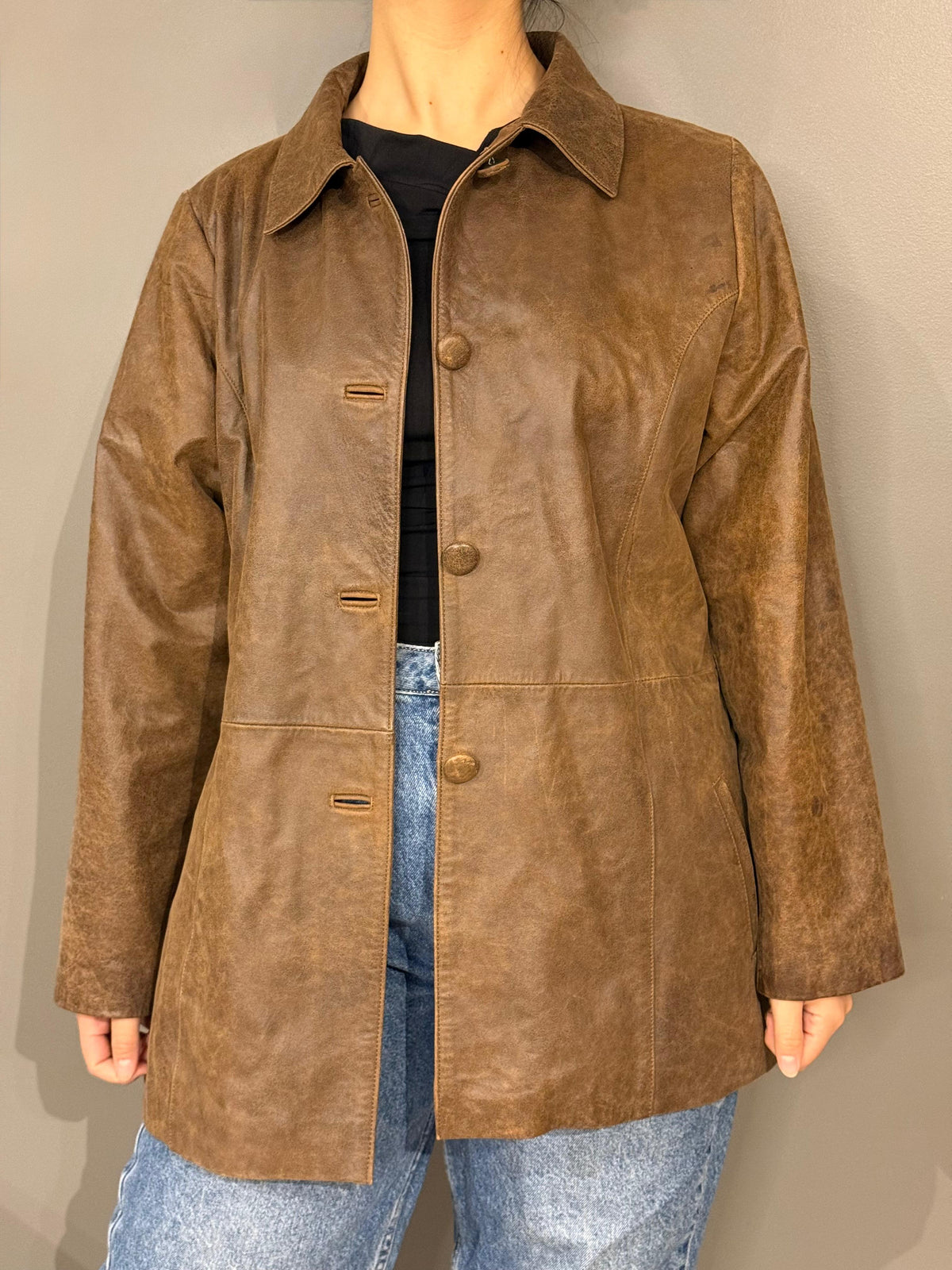 Chaqueta GENUINE LEATHER Cafe talla referencia M/L - vista frontal
